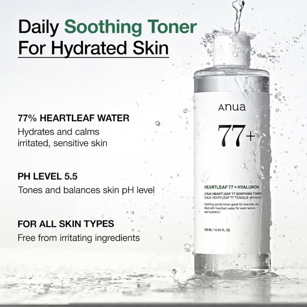 Anua Heartleaf 77% Soothing Toner in a 250ml bottle, facial care product with clear label and pump dispenser.