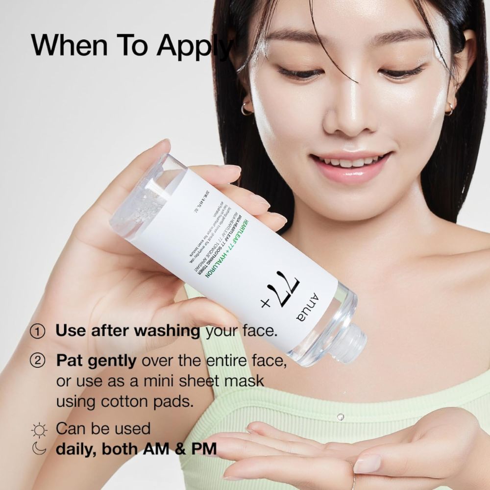 Anua Heartleaf 77% Soothing Toner in a 250ml bottle, facial care product with a clear label and light green accents.