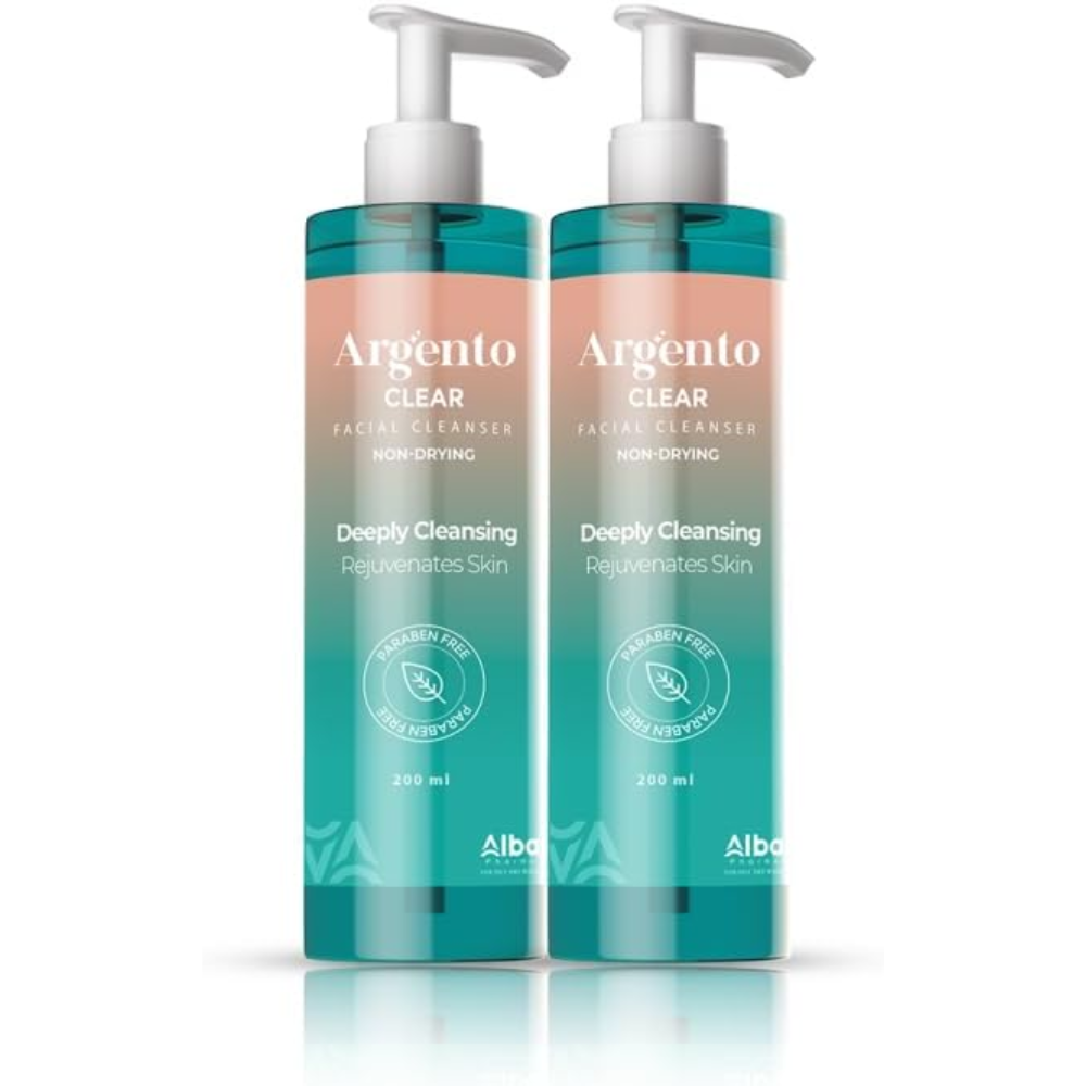 Argento clear facial cleanser in 200ml bottle, gentle skin cleanser for daily facial care, shown with the product bottle.