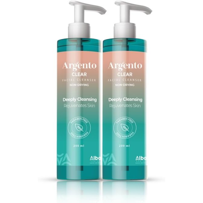 Argento clear facial cleanser in 200ml bottle, gentle skin cleanser for daily facial care, shown with the product bottle.