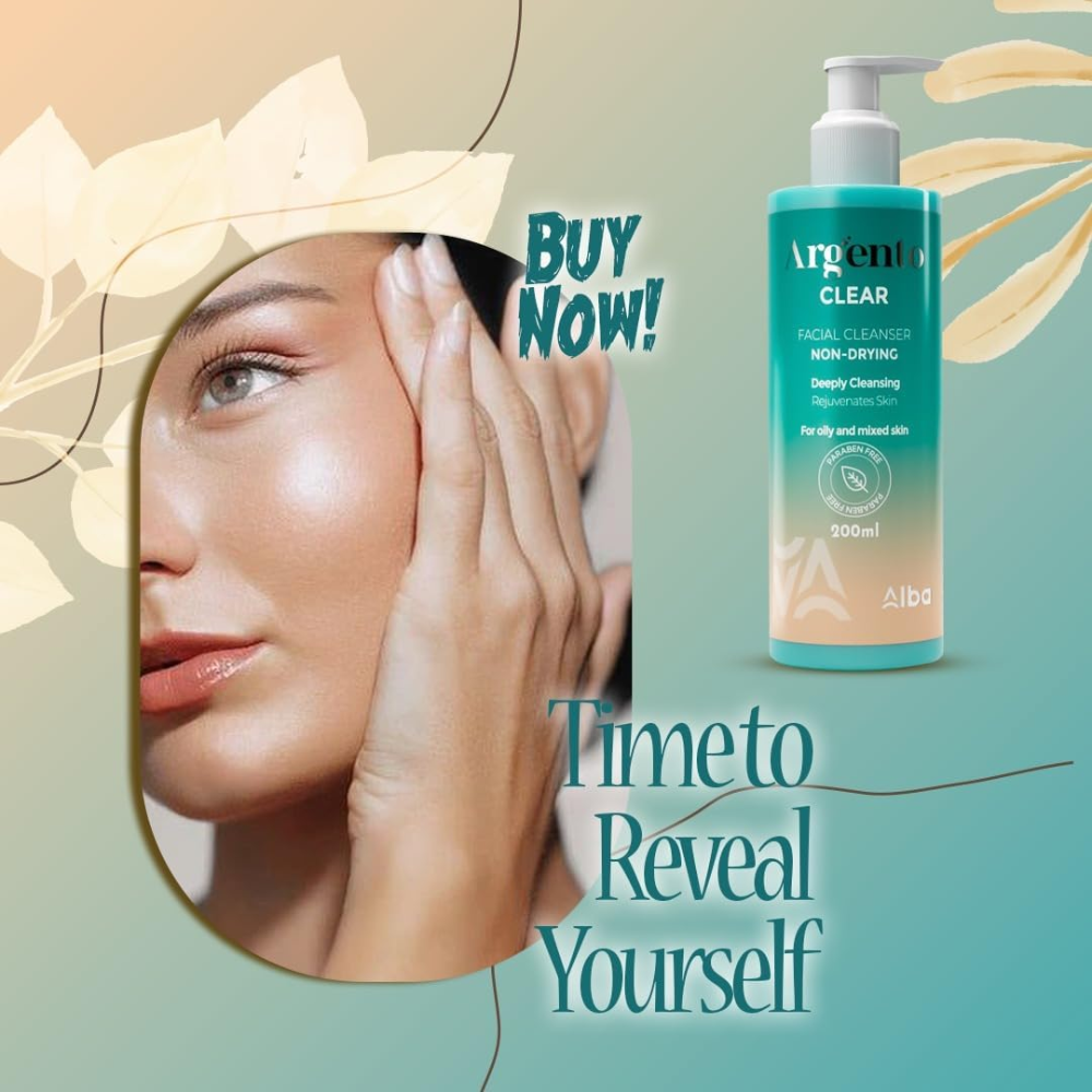 Argento clear facial cleanser in 200ml bottle, showing the transparent liquid and sleek packaging for skin care.