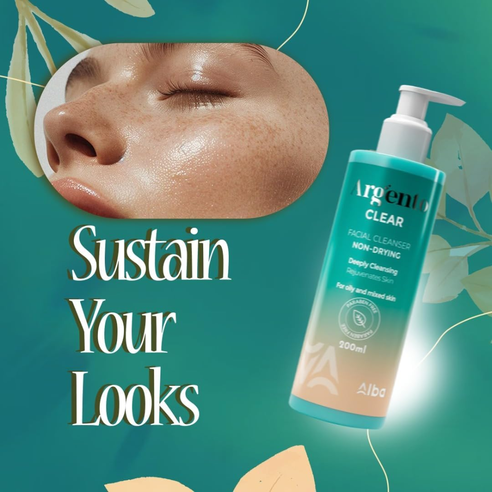 Argento clear facial cleanser in a 200ml bottle, designed for skin cleansing, shown with the cleanser and packaging.