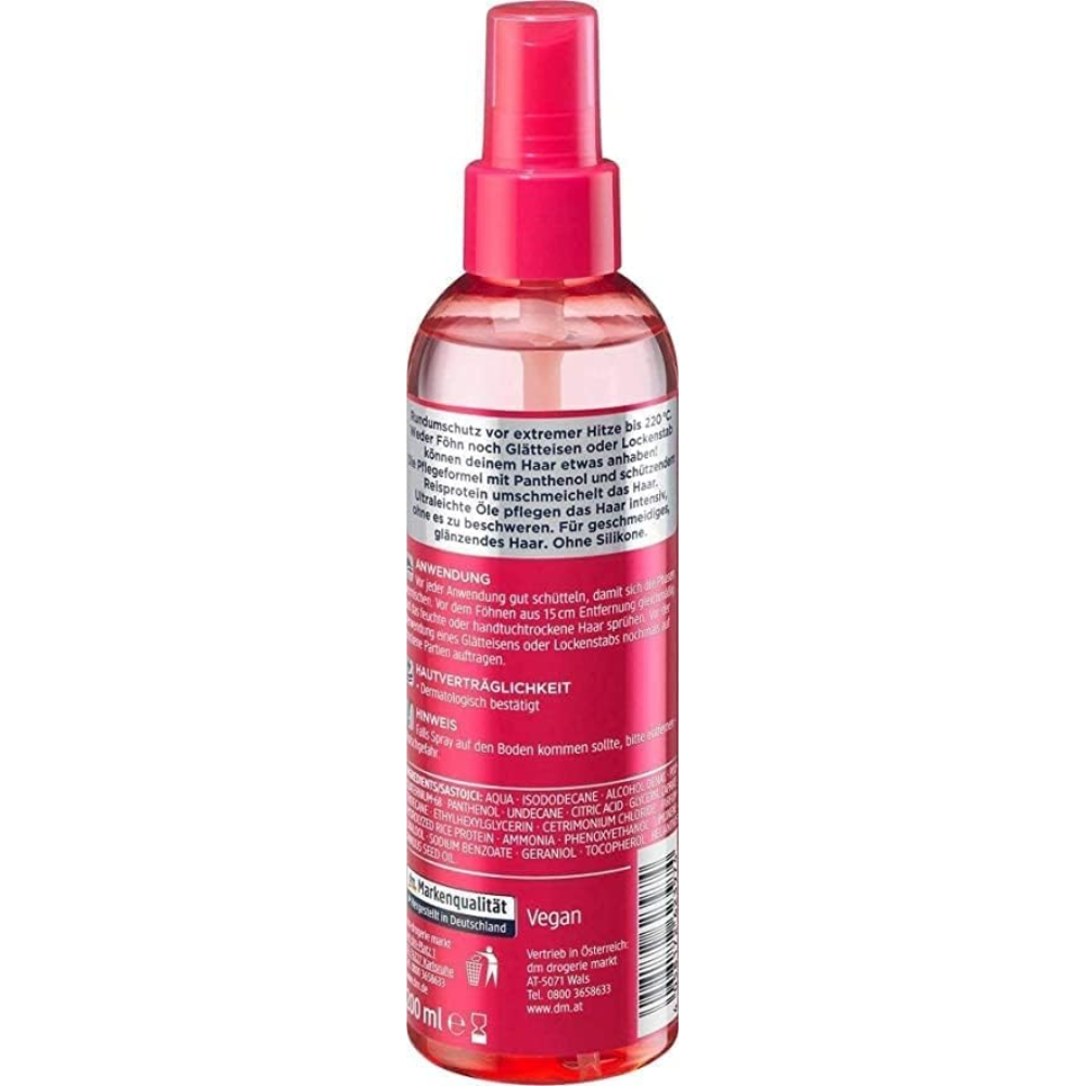 Balea heat protection spray bottle for smooth, protected hair before heat styling, 200ml.