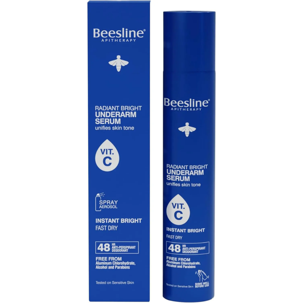 Beesline Apothecary Radiant Bright Underarm Serum in a blue spray bottle next to its matching blue box packaging, featuring Vit.C branding on a white background.
