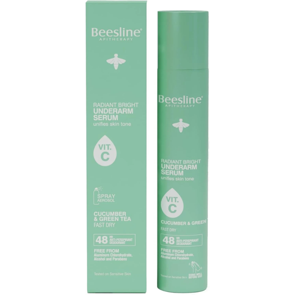 Beesline Antitherapy Radiant Bright Underarm Serum in a mint green spray bottle next to its matching cardboard packaging box, on a plain white background.