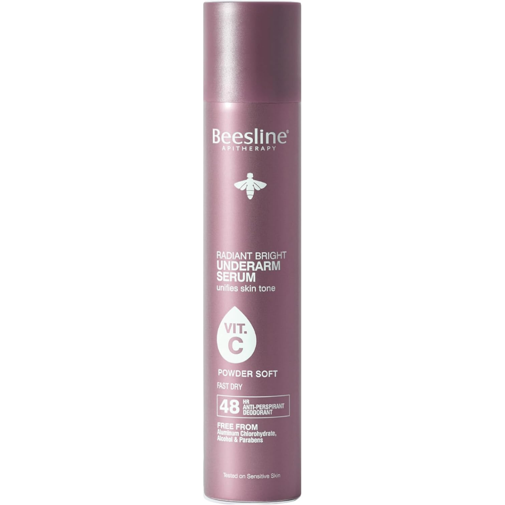 A single bottle of Beesline by Beeswax Radiance Bright Underarm Serum, shown against a plain white background. The bottle is a dusty mauve-purple color with white text and a small white bee logo.