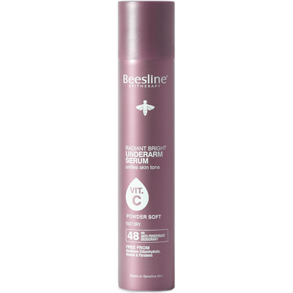 A single bottle of Beesline by Beeswax Radiance Bright Underarm Serum, shown against a plain white background. The bottle is a dusty mauve-purple color with white text and a small white bee logo.
