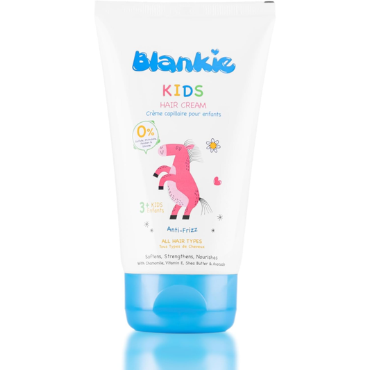 Blankie Kids Hair Cream 150ml, nourishing anti-frizz hair cream for children, shown in a white tube with colorful label.