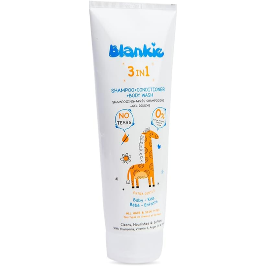 Blankie 3-in-1 baby shampoo, conditioner, and body wash in 250ml bottle, gentle baby care product by Blankie