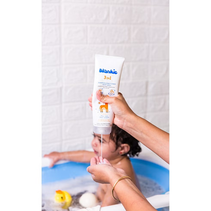 Blankie 3-in-1 baby shampoo, conditioner, and body wash in 250ml bottle, gentle baby care product with soft packaging.