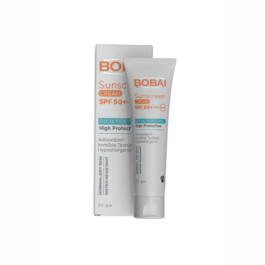Bobai Sunscreen Cream SPF 50, 50g, facial care product with a white tube and blue cap, designed for sun protection.