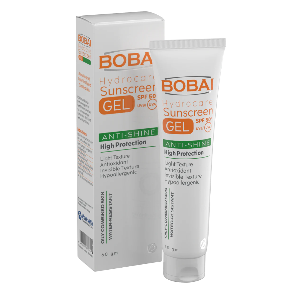 Bobai Sunscreen Hydrocare Gel SPF50 in 60g container, facial skincare product with lightweight, hydrating formula.