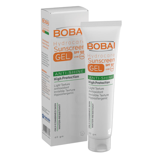 Bobai Sunscreen Hydrocare Gel SPF50 in 60g container, facial skincare product with lightweight, hydrating formula.