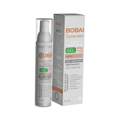 Bobai Sunscreen Tinted Extra Lightening Gel with SPF 50, 50g, featuring a light, tinted facial care formula in a jar.