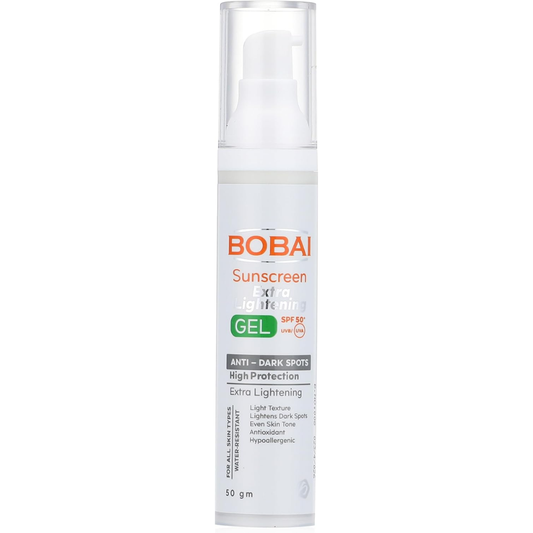 Bobai facial sunscreen gel with SPF 50, lightweight brightening formula in a 50g tube, suitable for daily skin protection.