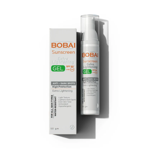 Bobai facial sunscreen gel with SPF 50, extra lightening formula in a 50g tube, designed for brightening and sun protection.