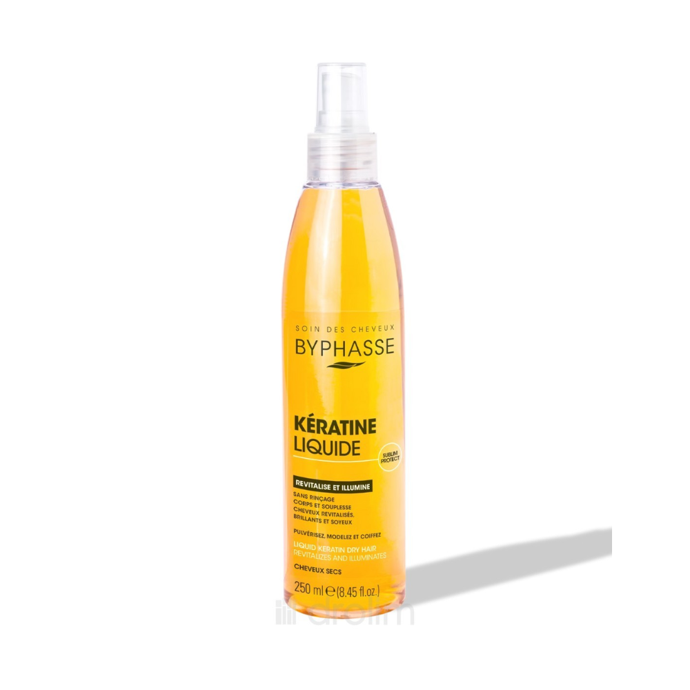 Byphasse Liquid Keratin Activ Protect hair care bottle, 250ml, with sleek label and pump dispenser for nourishing hair treatment.