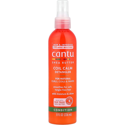 Cantu Shea Butter Coil Calm Detangler for natural hair in 237 ml bottle, with smooth, shiny hair strands visible.