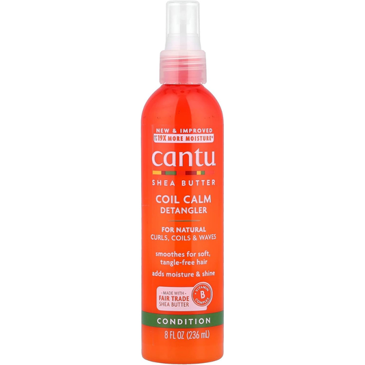 Cantu Shea Butter Coil Calm Detangler for natural hair in 237 ml bottle, with smooth, shiny hair strands visible.