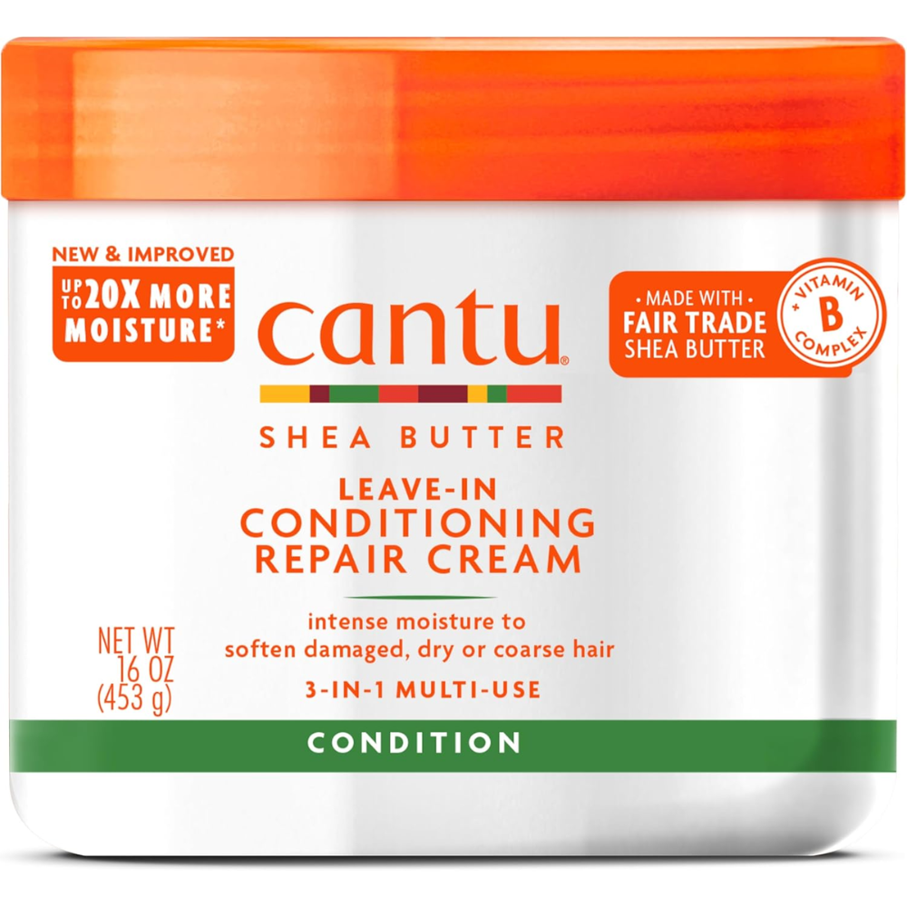 Cantu Leave-in Conditioning Repair Cream 453g jar with creamy hair treatment for damaged, dry hair care.