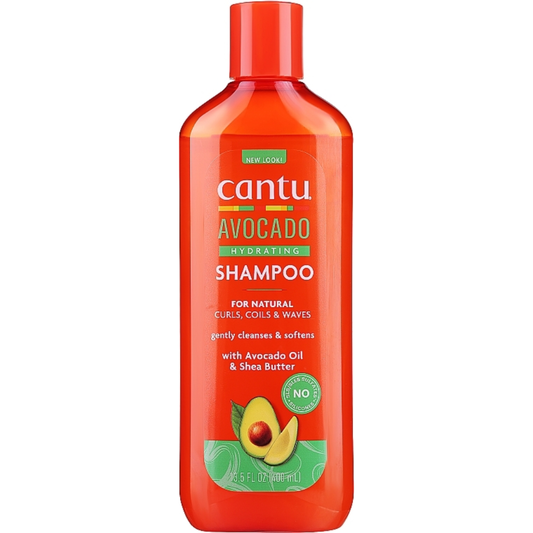 Cantu Avocado Hydrating Shampoo 400ml for curly and dry hair, moisturizing hair care product with avocado extract.