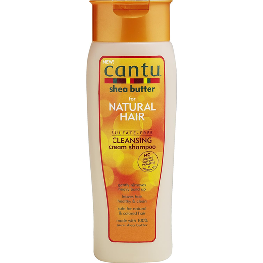 Cantu sulfate-free Shea Butter shampoo bottle for soft, nourished hair, 400ml, displayed on a clean background.