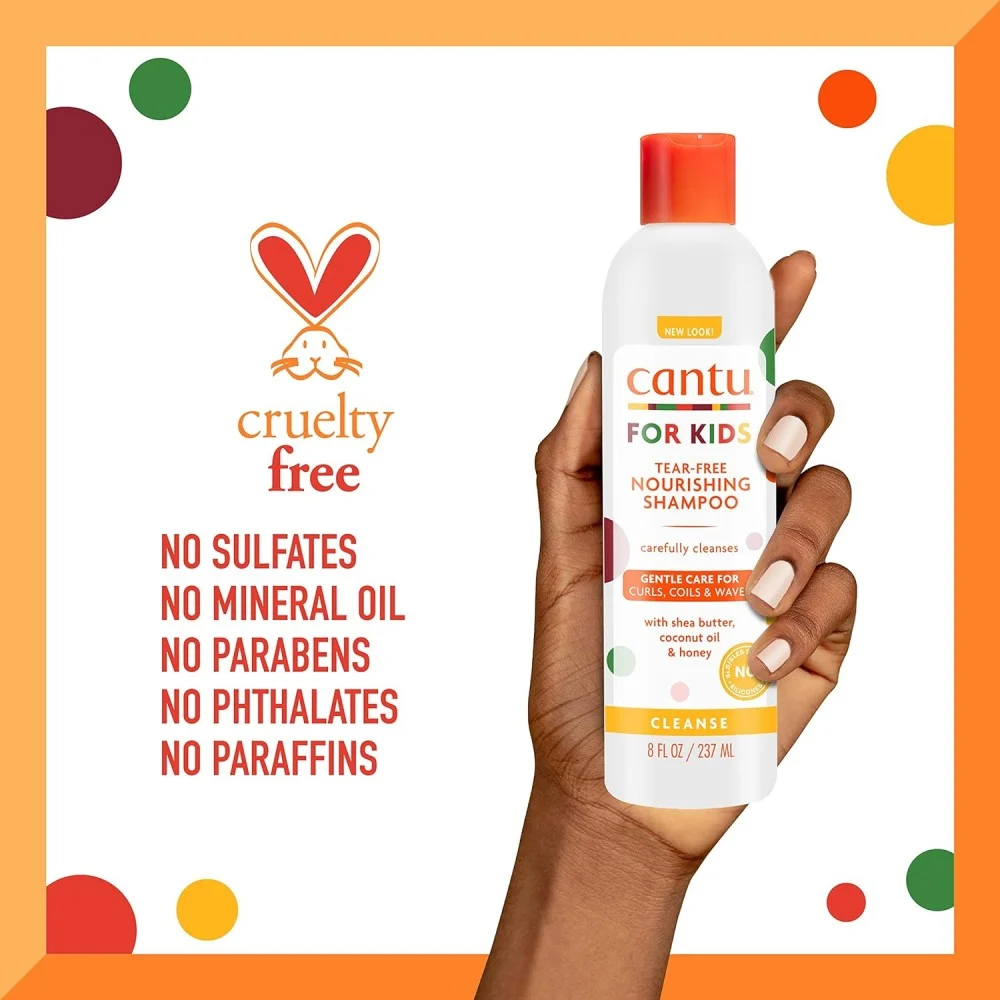 Cantu Kids shampoo in 237ml bottle, gentle hair care product with colorful packaging, designed for children's hair care.