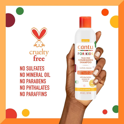 Cantu Kids shampoo in 237ml bottle, gentle hair care product with colorful packaging, designed for children's hair care.