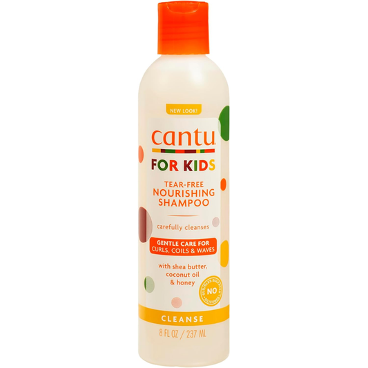 Cantu kids shampoo in a 237ml bottle, gentle hair care product for children with a mild formula and colorful packaging.
