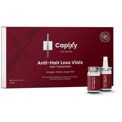 Capixy Anti Hair Loss Vials 70ml hair care product with applicator tip, designed to help reduce hair loss and promote hair growth.