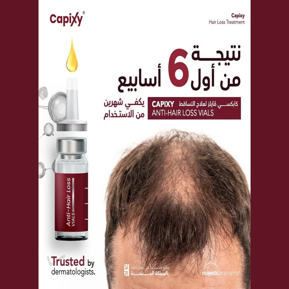 Capixy Anti Hair Loss Vials 70ml, hair care treatment with bottles of serum for thinning hair and scalp care.