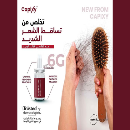 Capixy Anti Hair Loss Vials 70ml, hair care treatment with small amber bottle and applicator tip, designed to reduce hair loss.