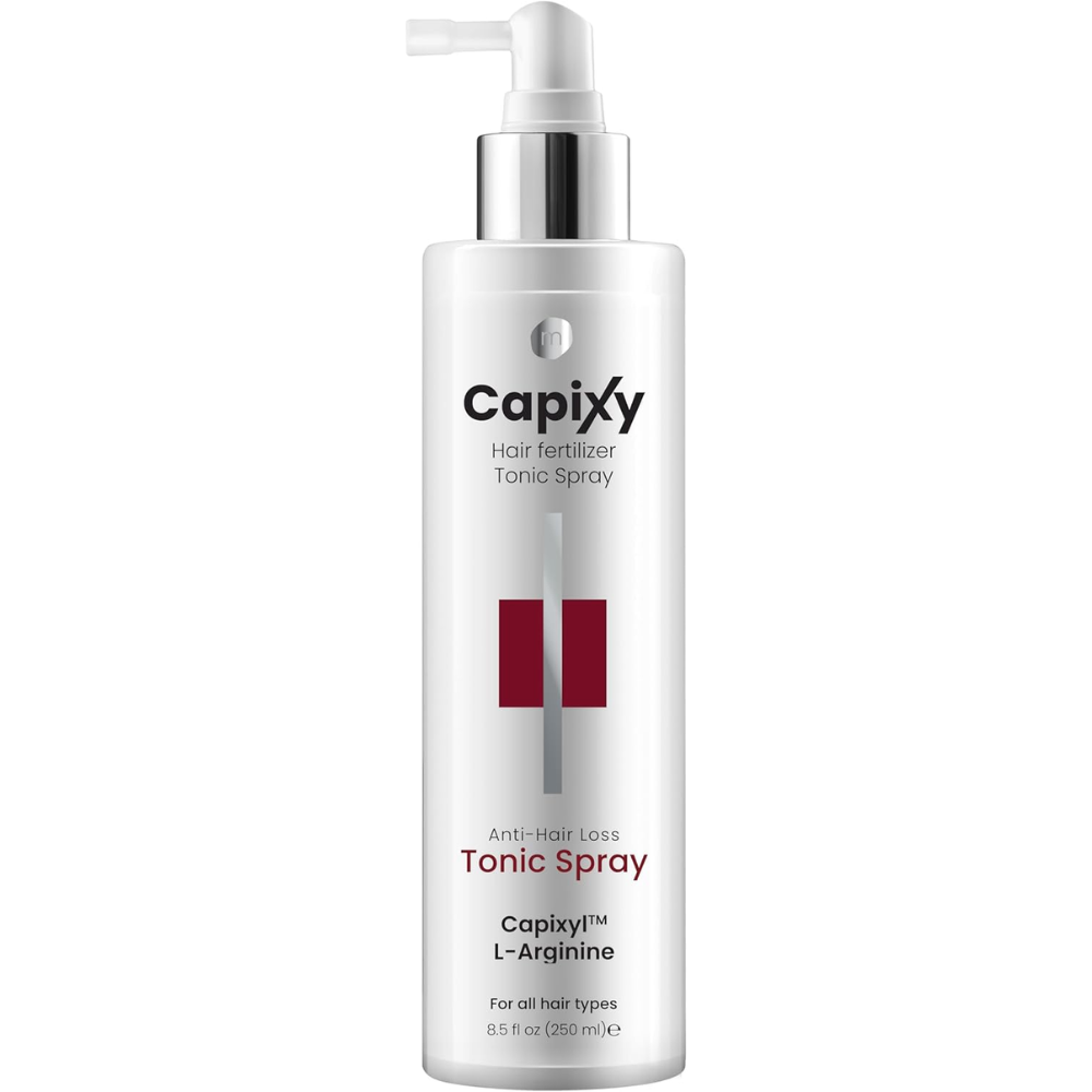 Capixy Hair Fertilizer Tonic Spray 250ml bottle for hair growth and nourishment, with natural ingredients and spray dispenser.