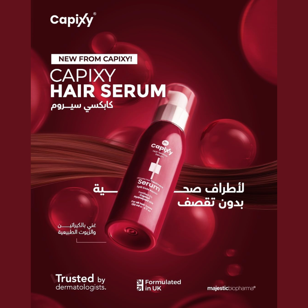Capixy Hair Serum 120ml bottle with pump dispenser, smooth and shiny hair care product from the Capixy brand.