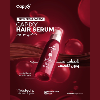 Capixy Hair Serum 120ml bottle with pump dispenser, smooth and shiny hair care product from the Capixy brand.