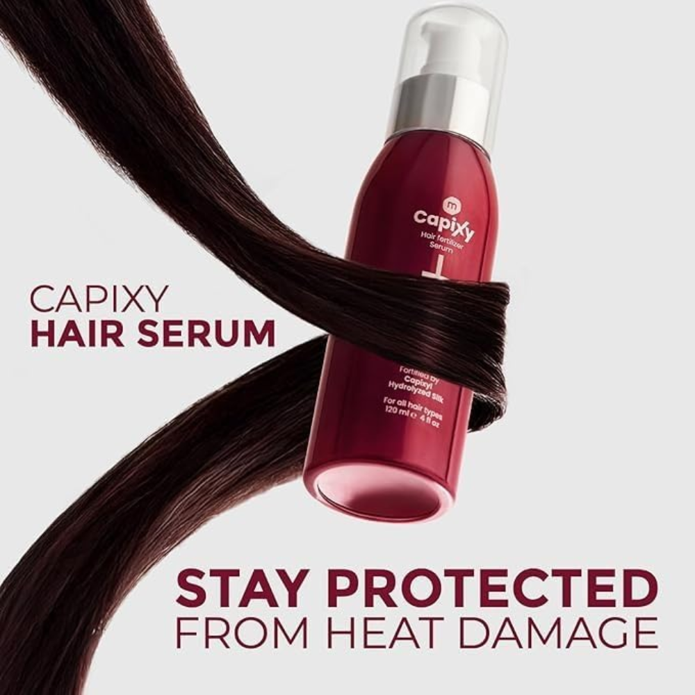 Capixy Hair Serum 120ml in a clear bottle with a pump dispenser, designed to nourish and add shine to hair.