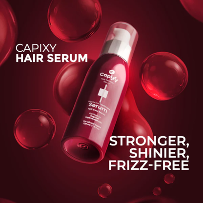 Capixy Hair Serum 120ml bottle shown, highlighting smooth, shiny hair care product designed for nourishing and styling hair.