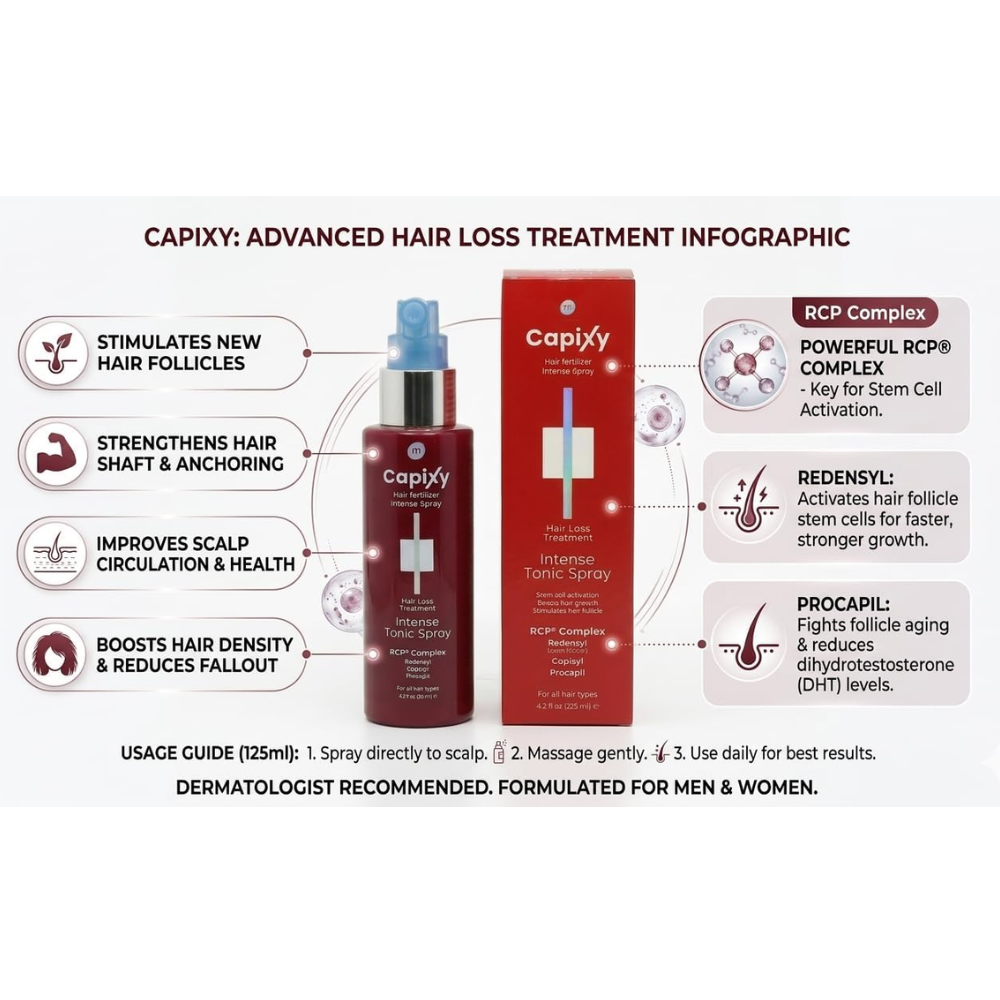 Capixy Hair Fertilizer Intense Tonic Spray bottle showing 125ml size, designed to promote healthy hair growth.
