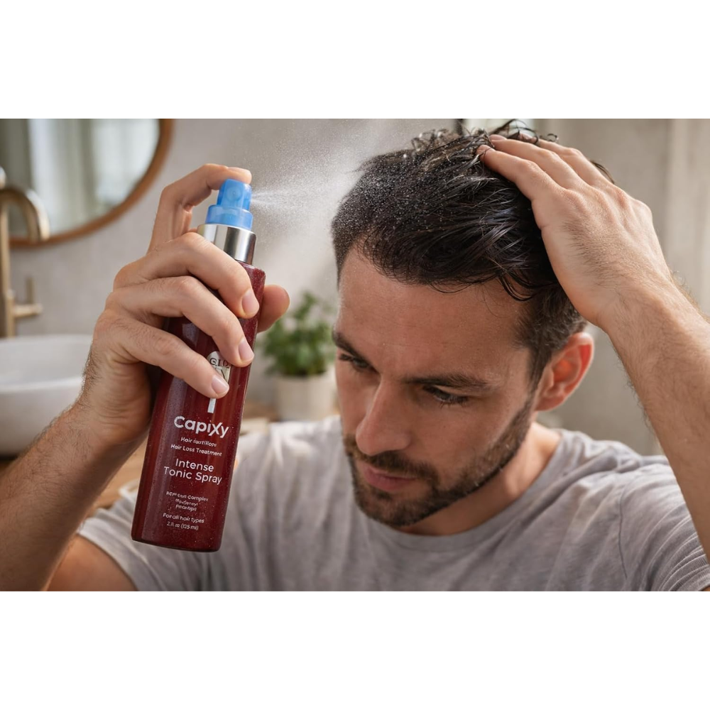 Capixy Hair Fertilizer Intense Tonic Spray 125ml bottle with spray nozzle, designed for nourishing hair care.