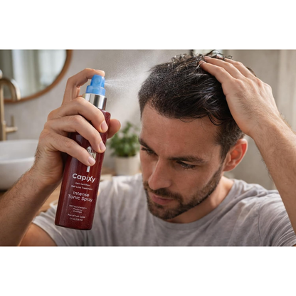 Capixy Hair Fertilizer Intense Tonic Spray 125ml bottle with spray nozzle, designed for nourishing hair care.
