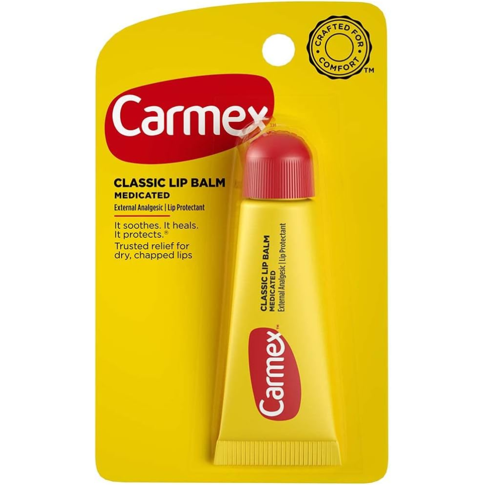 Carmex Classic Lip Balm external analgesic in 0.35 oz (10g) tube, designed to soothe and protect dry, chapped lips.