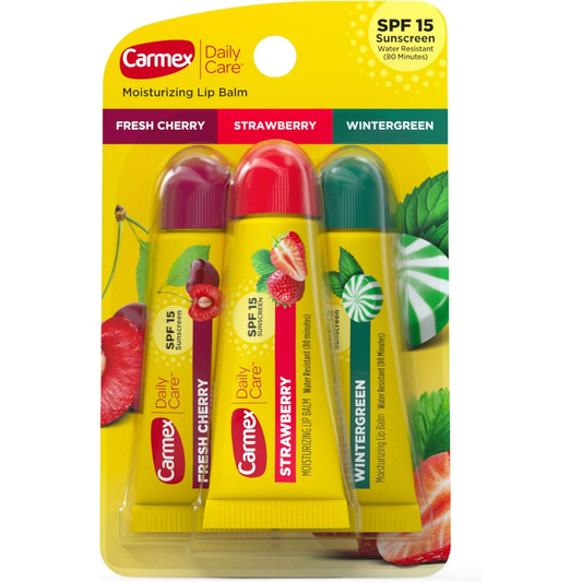 Carmex Daily Care moisturizing lip balm tubes with SPF, featuring Fresh Cherry, Strawberry, and Wintergreen flavors, 3-pack.