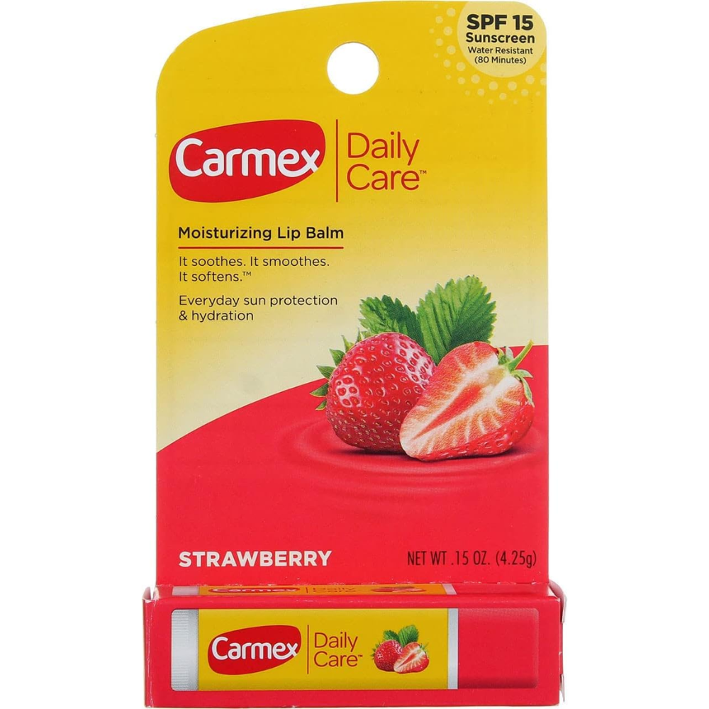 Carmex Daily Care Moisturizing Lip Balm Stick in strawberry flavor with SPF 15, 4.25g, for soft, protected lips.