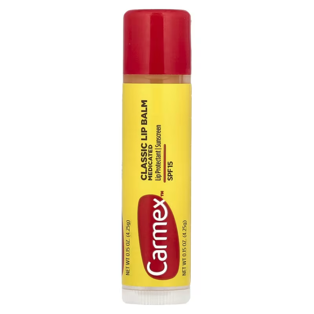 Carmex Classic Lip Balm Medicated SPF 15 in 4.25g tube, moisturizing facial care for chapped lips with sun protection