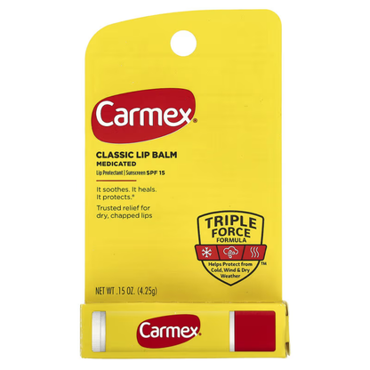 Carmex Classic Lip Balm Medicated SPF 15 in 4.25g tube, moisturizing facial care product with SPF protection.
