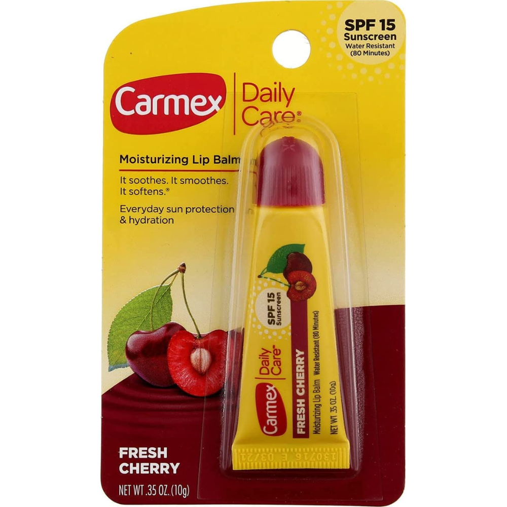 Carmex moisturizing lip balm with fresh cherry flavor and SPF15, 10g, providing hydration and sun protection for lips.