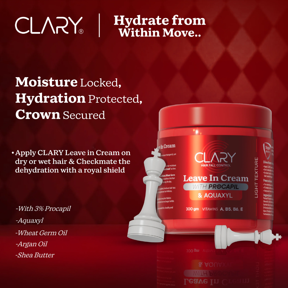 Clary Hair Leave-In Cream 300g, moisturizing and detangling leave-in treatment for dry hair, in a white jar with a pink cap.