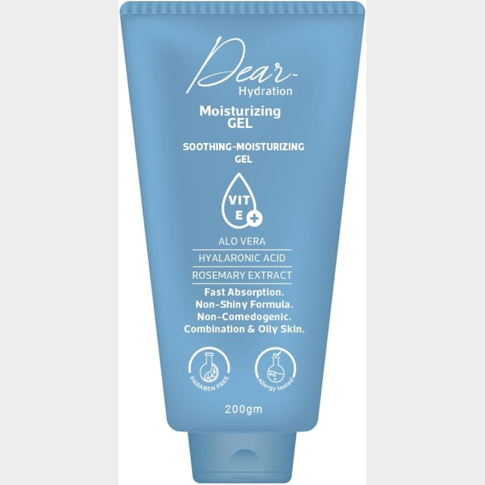 Dear Hydration Moisturizing Gel for facial care, 200g, showcasing the lightweight gel texture and clear packaging.