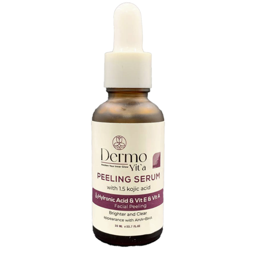 Dermovita Facial Peeling Serum 30ml bottle, clear liquid skincare product for facial exfoliation and rejuvenation.