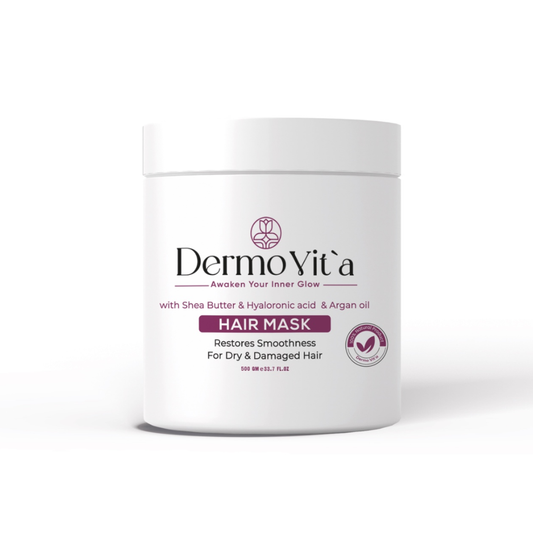 Dermovita Shea, Hyaluronic, and Argan Hair Mask in 500g jar, nourishing hair care product with natural ingredients